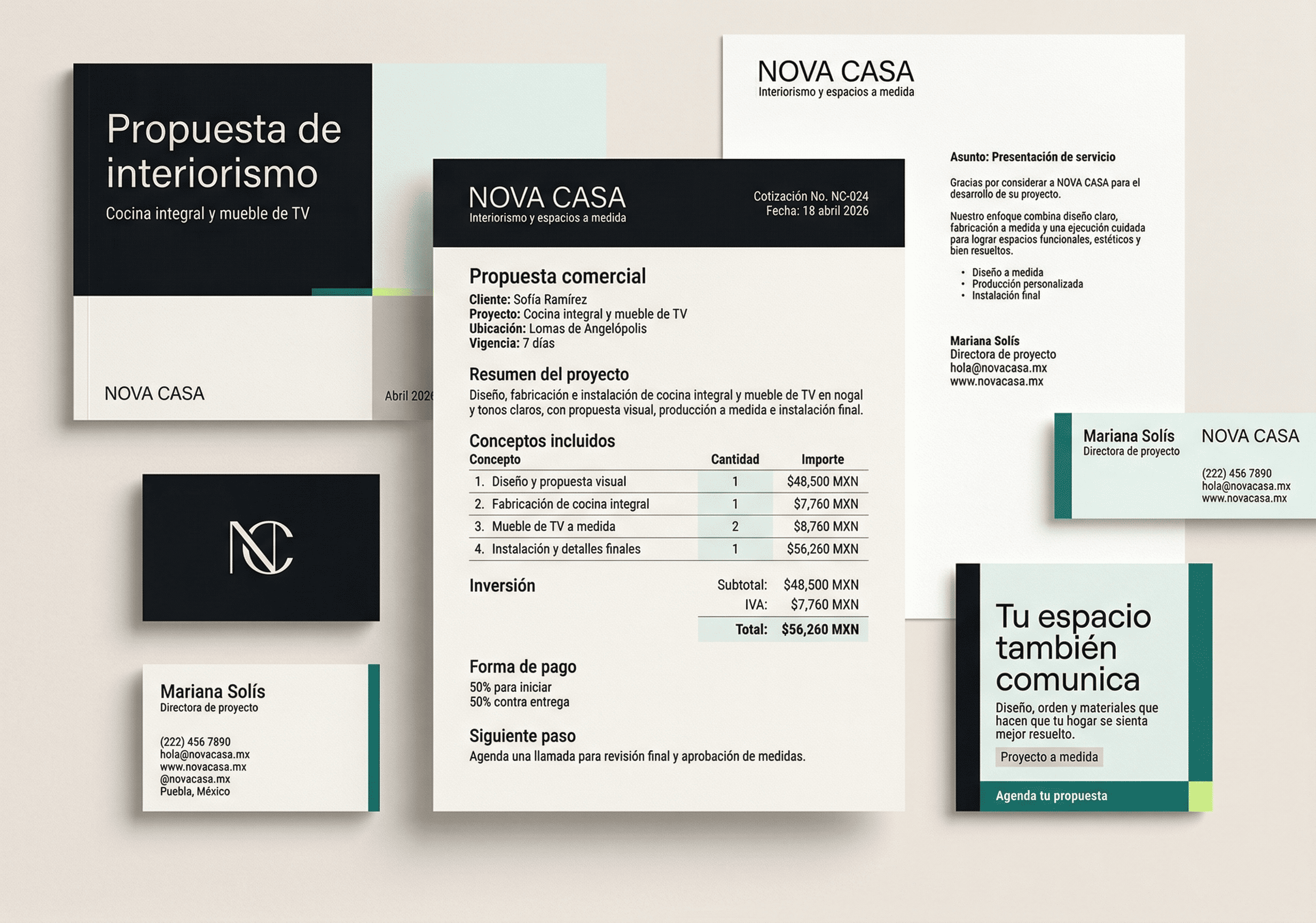 Vista referencial de aplicaciones comerciales y soportes de marca.