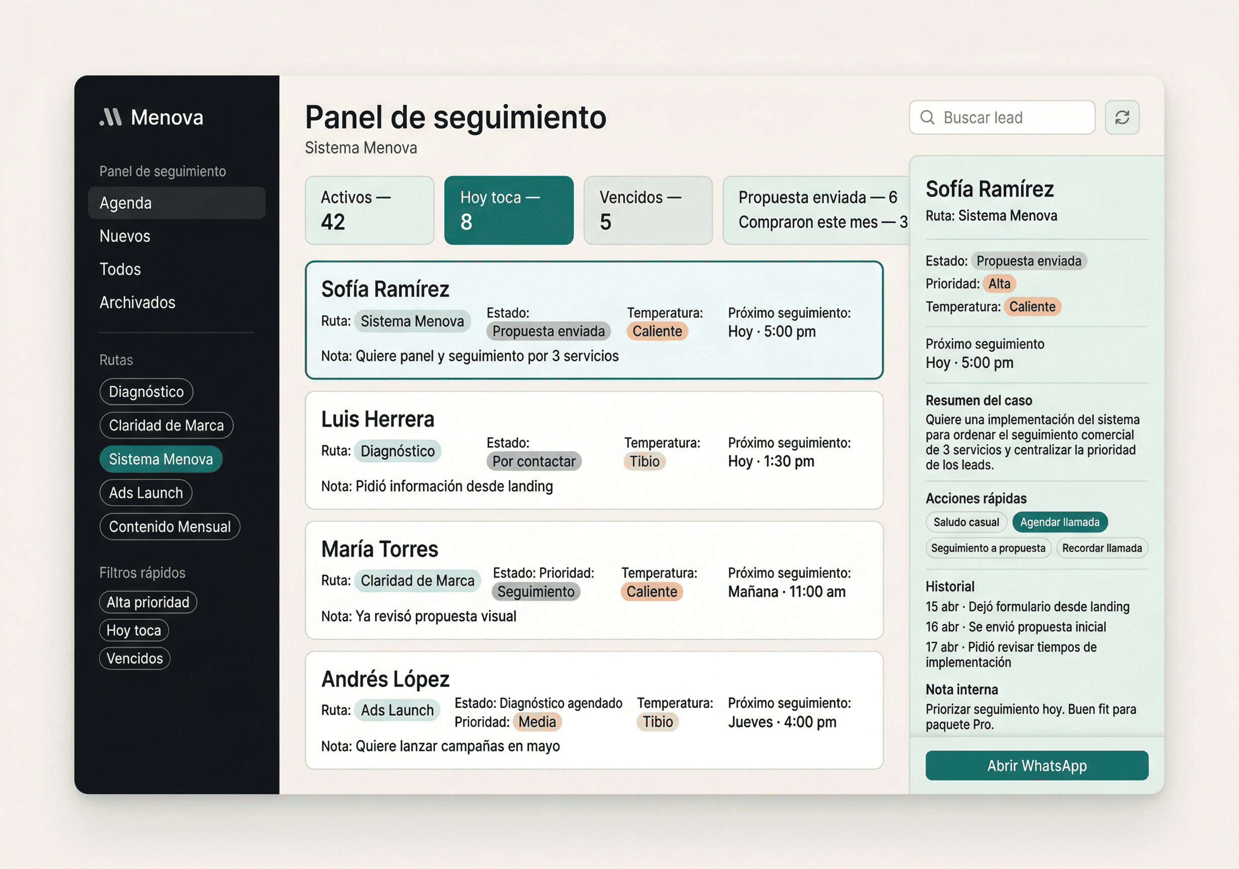 Vista referencial de panel de seguimiento con estados, agenda y próximas acciones.